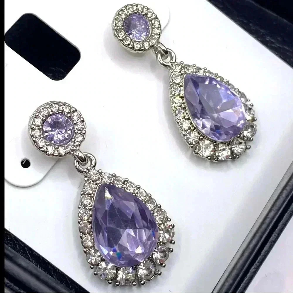 Pave’ Crystal & Stone Drop Earrings Purple Stone Tear Drop NWT